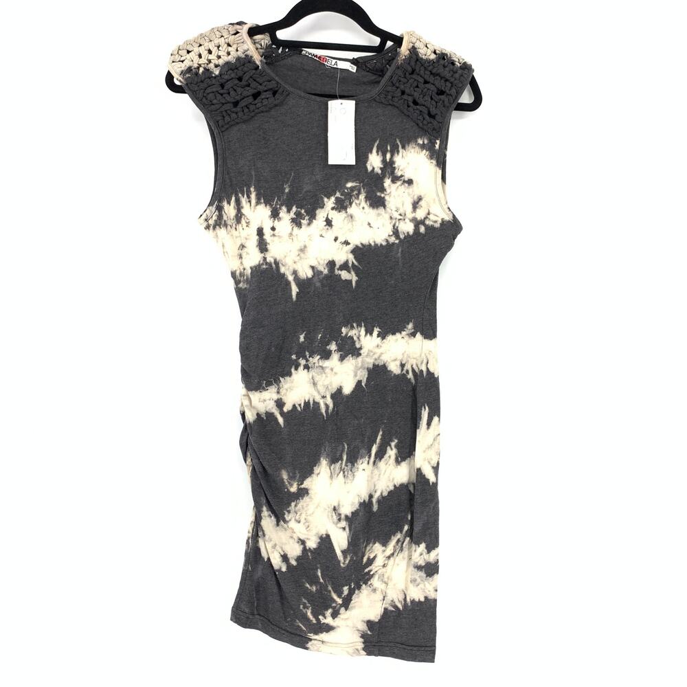 Pam & Gela Dress Women's Size Small Gray Tie Dye Ruched Knotted Sleeve Trim NEW